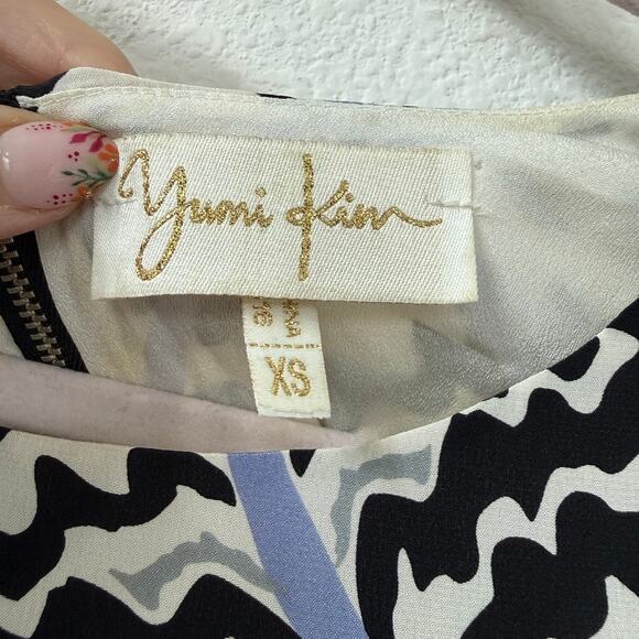 YUMI KIM Silk Sheath Dress Black Ivory Blue Geometric Print XS - Picture 3 of 6